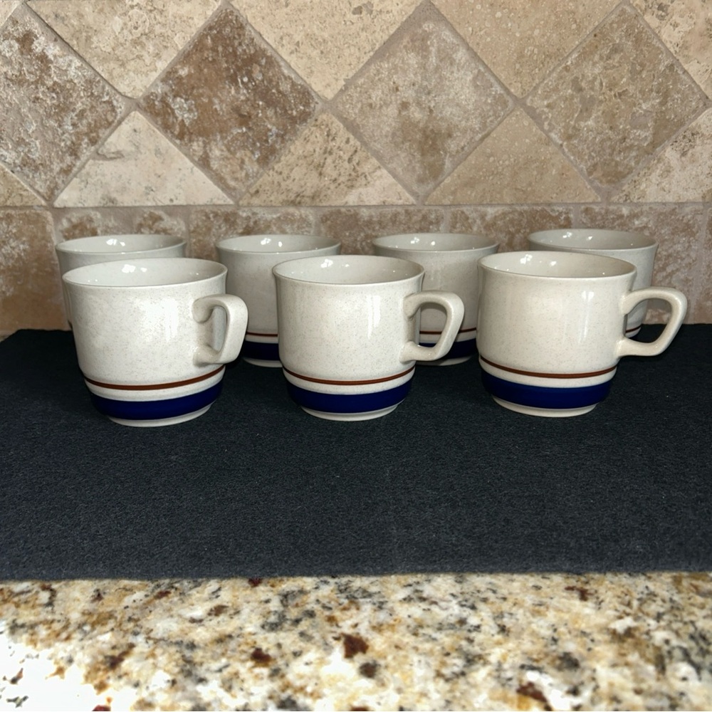 Vintage Contemporary Chateau Stoneware Cobalt Blue&Brown Coffee Cups (set of 7)